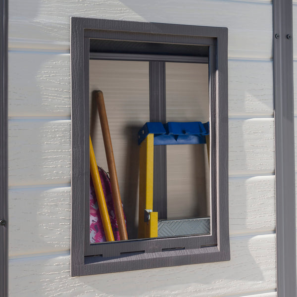 Keter Manor Outdoor Pent Single Door Garden Storage Shed 6 x 4ft Beige Brown Wood Effect Fade Free All Weather Resistant Safe And Secure Zero Maintenance 15 year Warranty