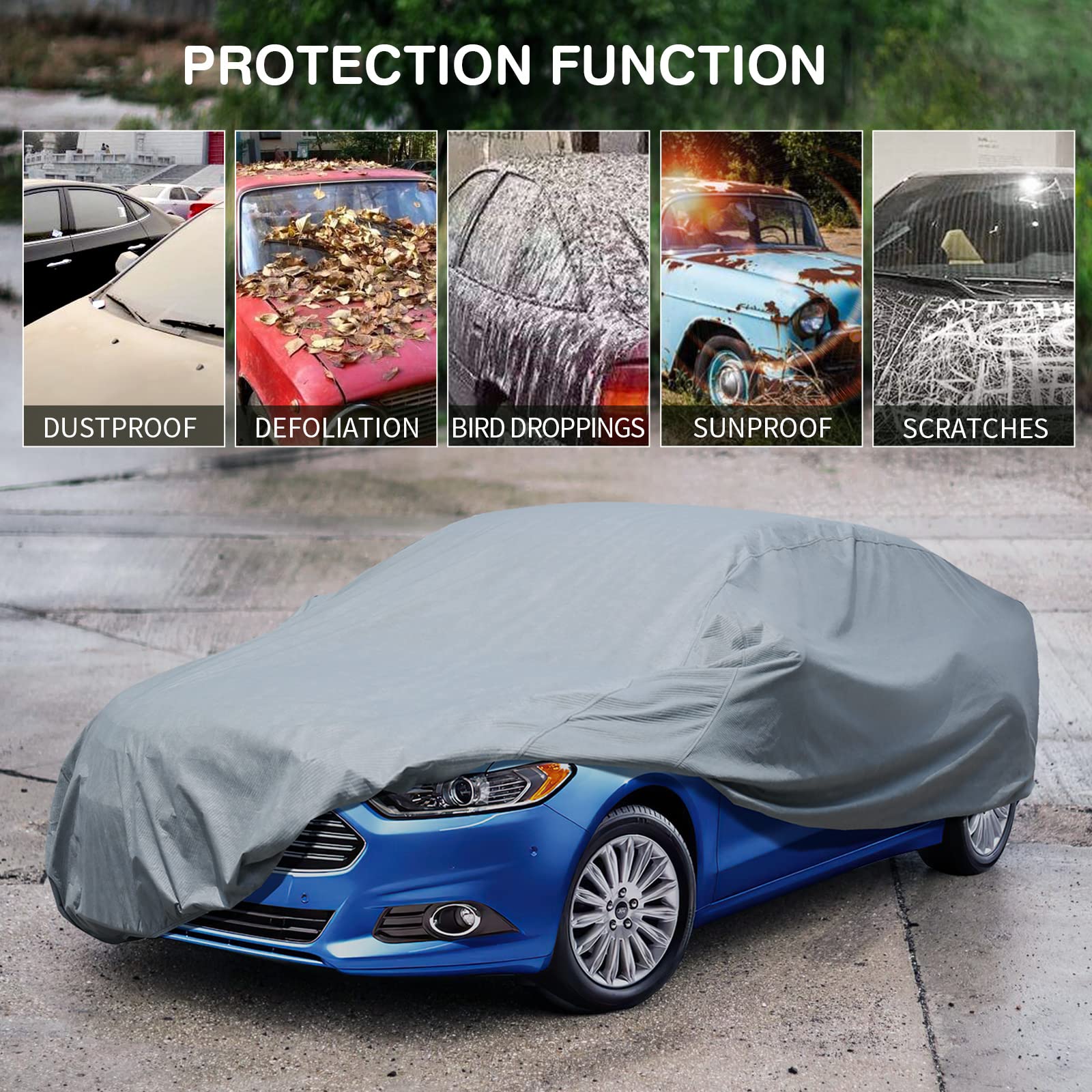 Leader Accessories Full Car Cover Premium 5 Layers Waterproof Breathable Vehicle Cover Universal Fit (Sedan-200"x61"x50",Grey,Outdoor)