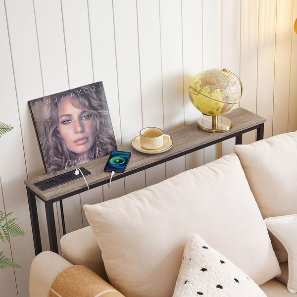 HOOBRO Slim Console Table with Charging Station, Narrow Behind Sofa Table with USB Ports and Power Outlets, 100 cm Long, Hallway Table for Entryway,