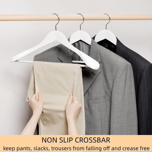 Amber Home 44.5cm White Wooden Suit Hangers 10pcs with Wide Shoulder(5.8cm), Heavy Duty Smooth Wood Coat Hanger with Non Slip Pants Bar, Solid Clothes