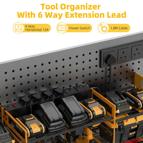 Power Tool Organizer with 6 Way Extension Lead,Large Tools Charging Station,8 Power Drill Tools Heavy Duty Drill Holder Wall Mounted Rack Utility Metal Tool Shelf Storage Organiser for Garage