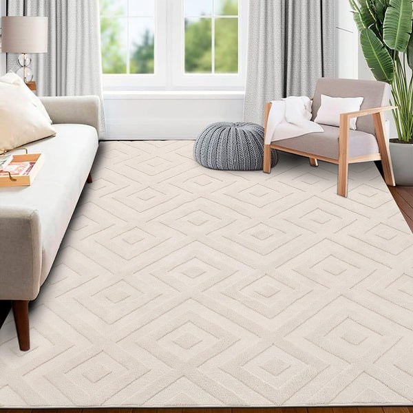 SHACOS Washable Area Rug 120 x 160 cm - Large Cream Geometric Design for Living Room, Bedroom, Lounge, Kids Room - Anti-Slip, Ultra Soft Shaggy,