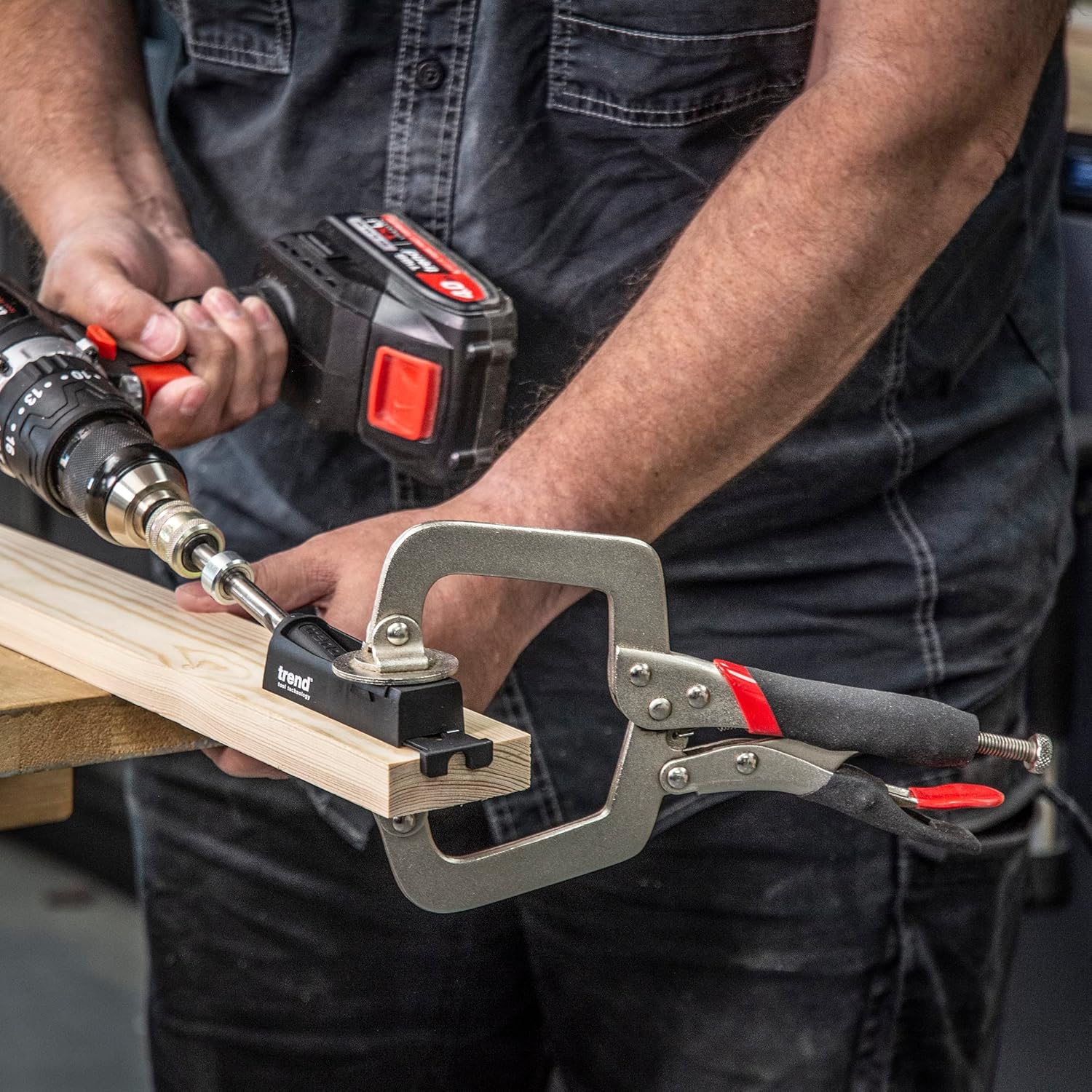 Trend Twin Pocket Hole Jig with HSS Drill Bit & Depth Setting Collar, Square Drive Bit & Pocket Hole Screws Selection, PH/JIG/C