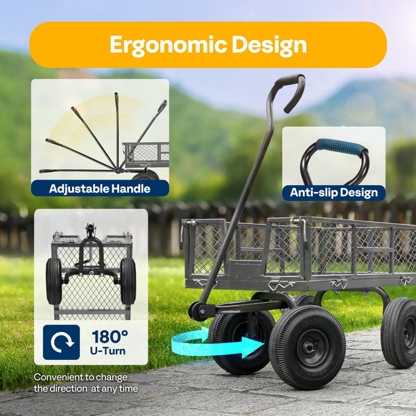 VIVOHOME Hand Trolley 400kg Capacity Durable Transport Cart with 10cm Pneumatic Tires and 180° Rotatable 80cm Handle Heavy Duty Metal Grids for Garden and Camping