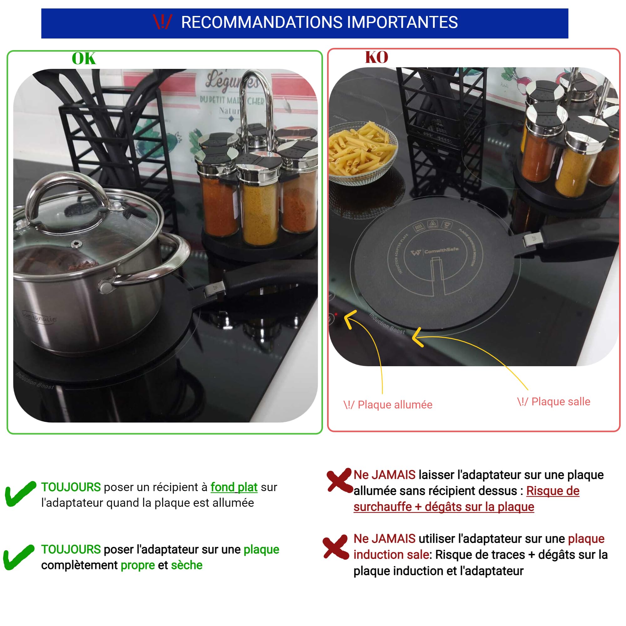 ComwithSafe Induction Adaptor 24 cm with Removable Insulating Handle  Does Not Change Colour After Use  Heat Diffuser Plate with Black High