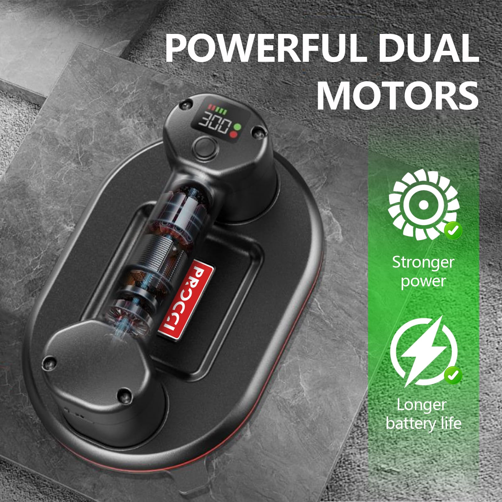 Procci Electric Battery Suction Cup – Cordless Vacuum Lifter for Tiles, Glass, Marble – Dual Motors, 300 KG Suction, LCD Display, 4500mAh Battery, 12h Runtime – for Smooth & Lightly Textured Surfaces