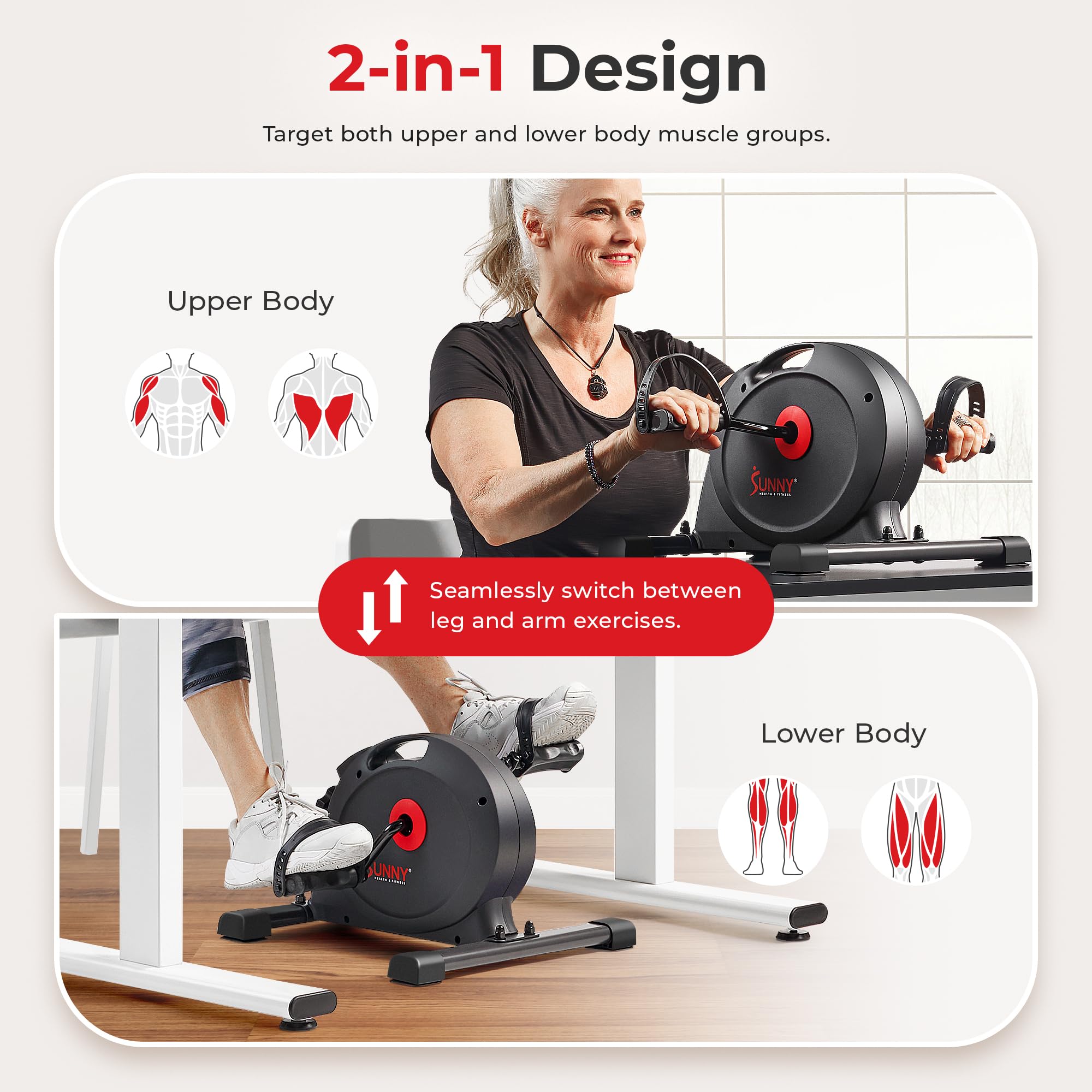 Sunny Health & Fitness Under Desk Dual Function Smart Mini Arm & Leg Pedal Exerciser Cycle Bikes with SunnyFit App Enhanced Bluetooth Connectivity -