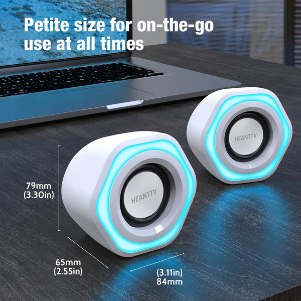 HEANTTV Computer Speaker, PC Speakers for Desktop Monitors, 2.0 Stereo Volume Control with LED Light, USB Powered & 3.5 mm jack, Perfect Multimedia Speakers for Monitors, Computer, Laptop,Smartphones