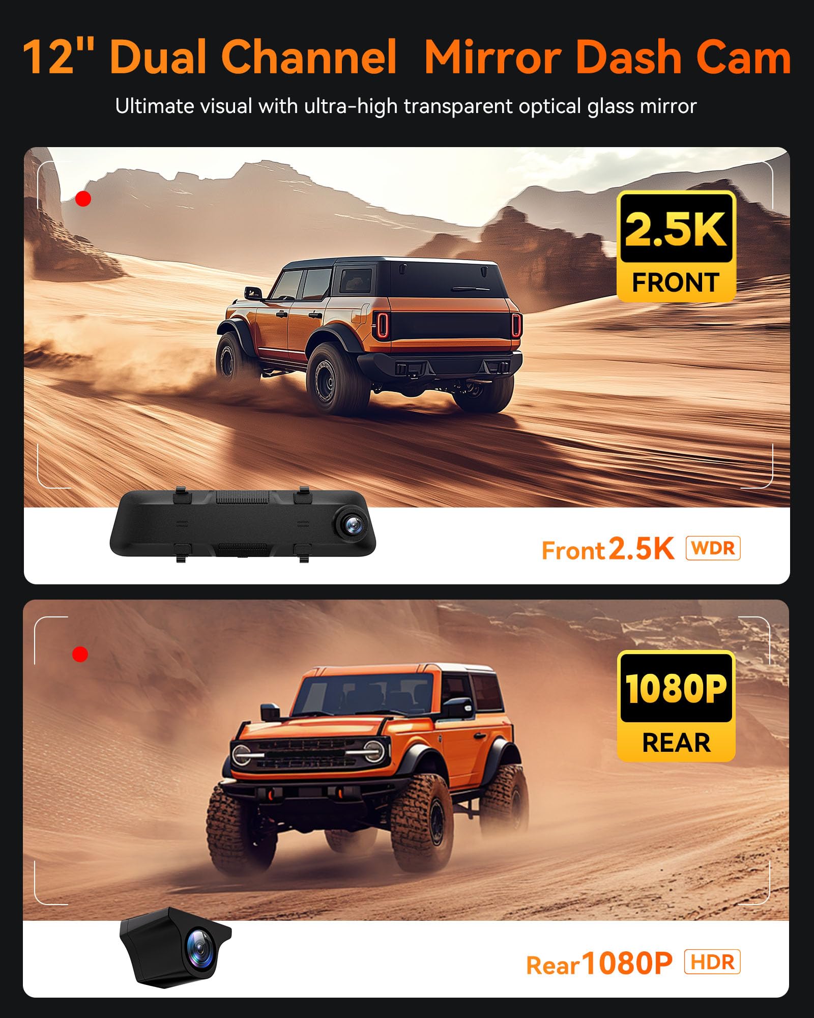 WOLFBOX G840S 12" 4K Mirror Dash Cam with 5.8GHz WiFi, 2160P Full HD Smart Rearview Mirror for Cars & Trucks, Front and Rear Dual Cameras, Night Vision, Reverse Assist, Included 32GB Card & GPS