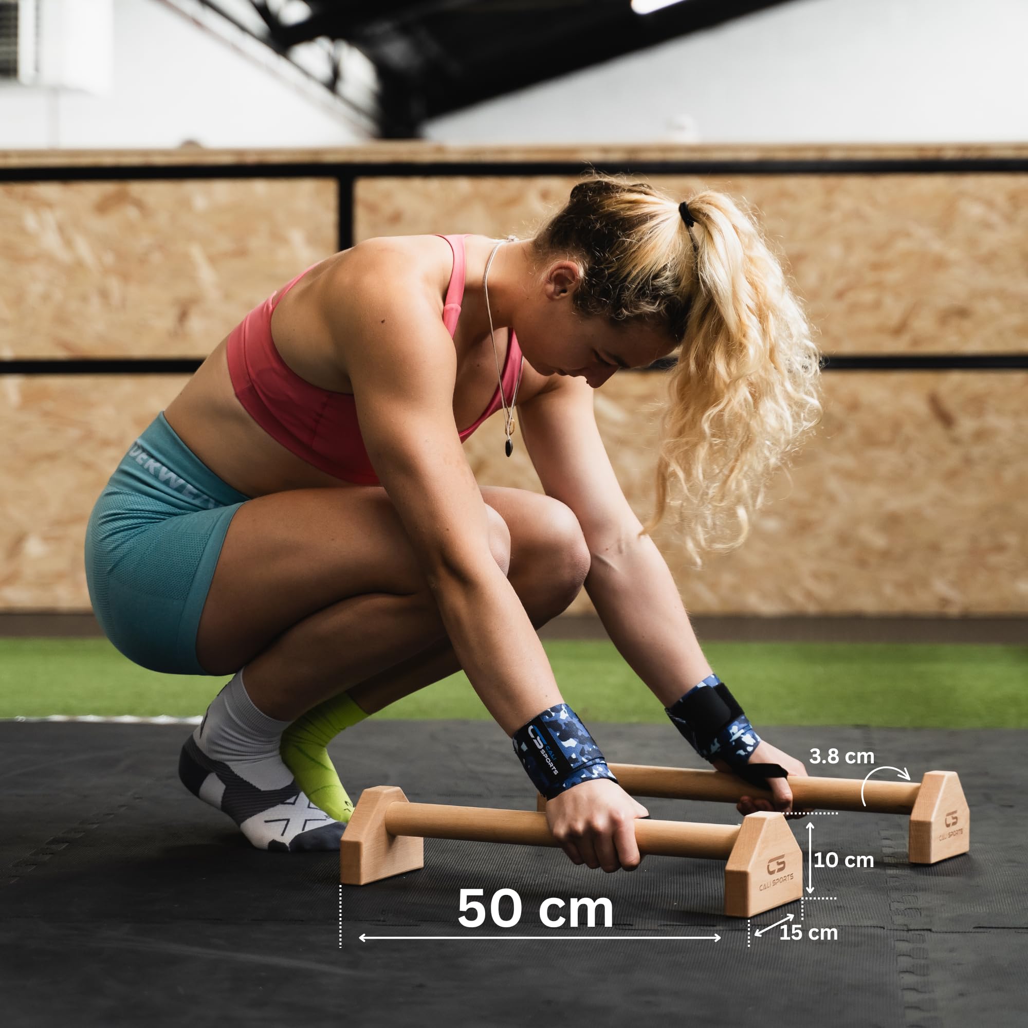 CALI SPORTS Calisthenics Wood Parallettes Bars | Push Up Bar That Will Not Slip or Wobble | Wrist Wraps Included (Long)
