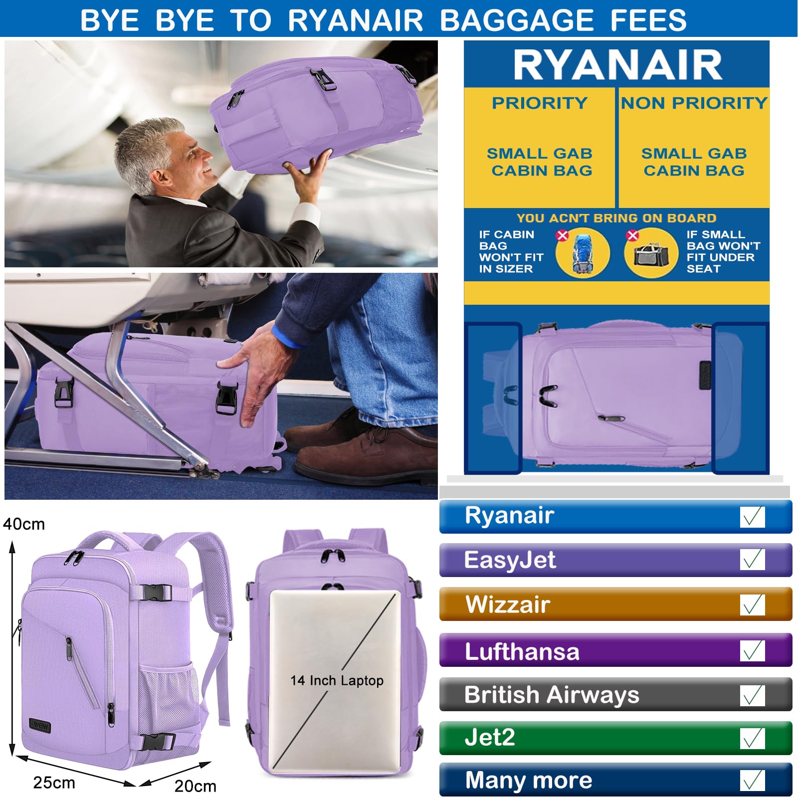 Cabin Bags 40x20x25 for Ryanair Underseat 20L Small Travel Hand Luggage Backpack Carry-ons Bag Cabin Size for Airplanes Flight Bag Travel Rucksack Fit 14 Inch Laptop with USB Charging Port-Black