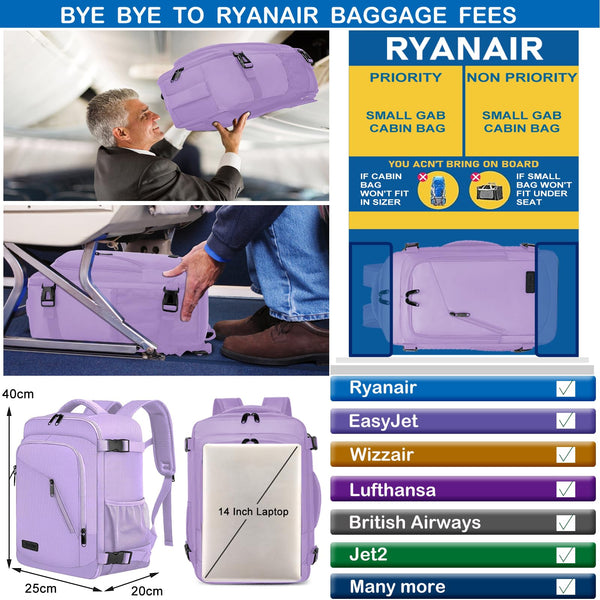 Cabin Bags 40x20x25 for Ryanair Underseat 20L Small Travel Hand Luggage Backpack Carry-ons Bag Cabin Size for Airplanes Flight Bag Travel Rucksack Fit 14 Inch Laptop with USB Charging Port-Black