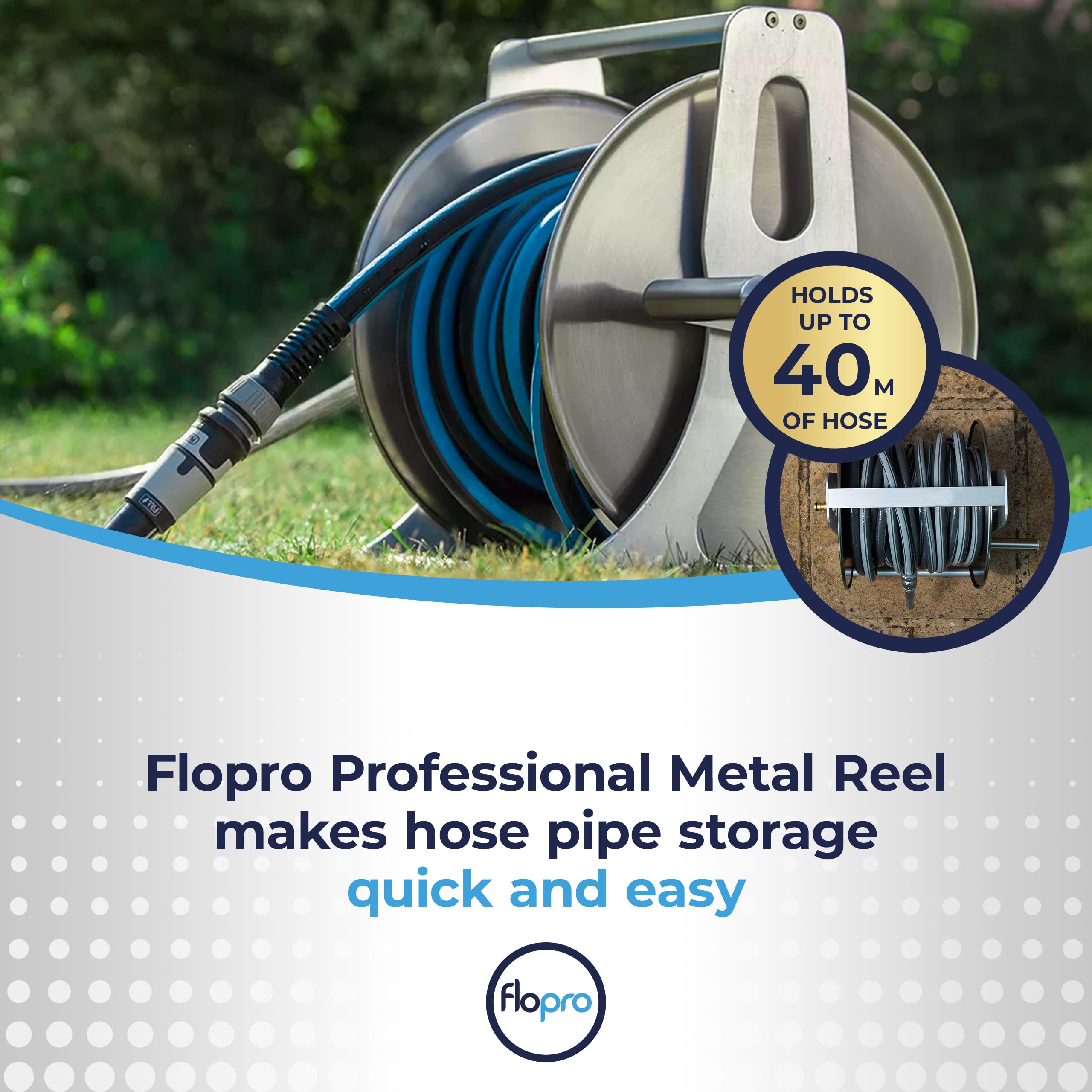 Flopro Professional Metal Hose Reel, Essential Garden Accessory for Neat Hose Storage, Wall-Mounted or Freestanding Garden Hose Reel
