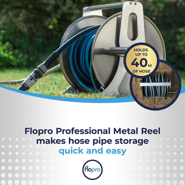 Flopro Professional Metal Hose Reel, Essential Garden Accessory for Neat Hose Storage, Wall-Mounted or Freestanding Garden Hose Reel