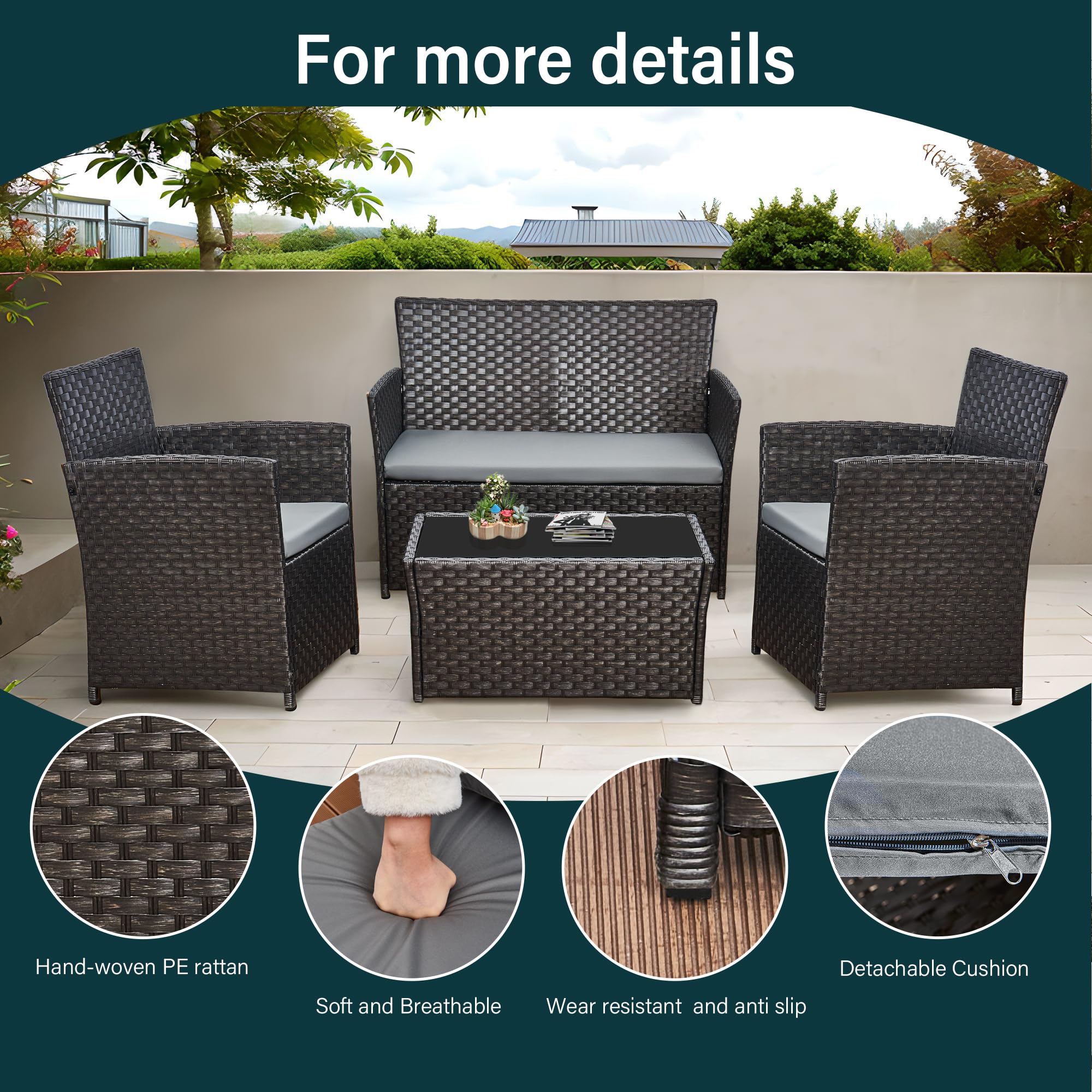4 Piece Rattan Garden Furniture Sets, Patio Conservatory Set, Include Rattan loveset Sofa, Chair, Glass Coffee Table