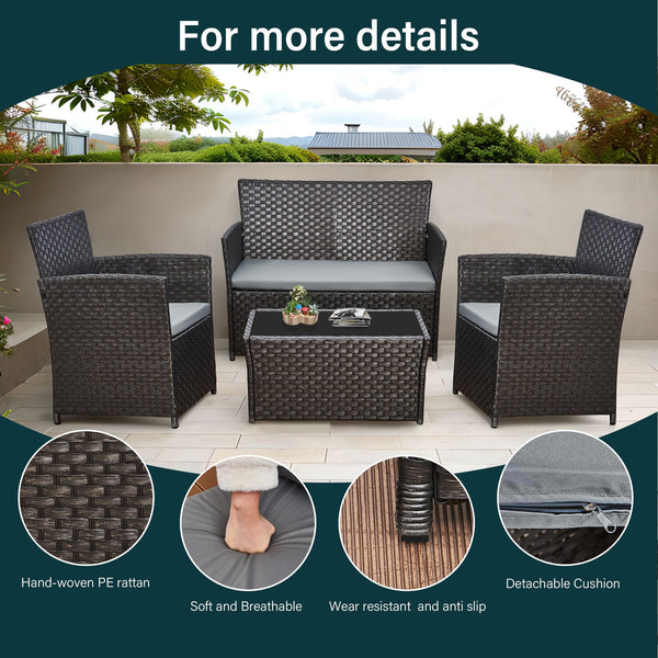 4 Piece Rattan Garden Furniture Sets, Patio Conservatory Set, Include Rattan loveset Sofa, Chair, Glass Coffee Table