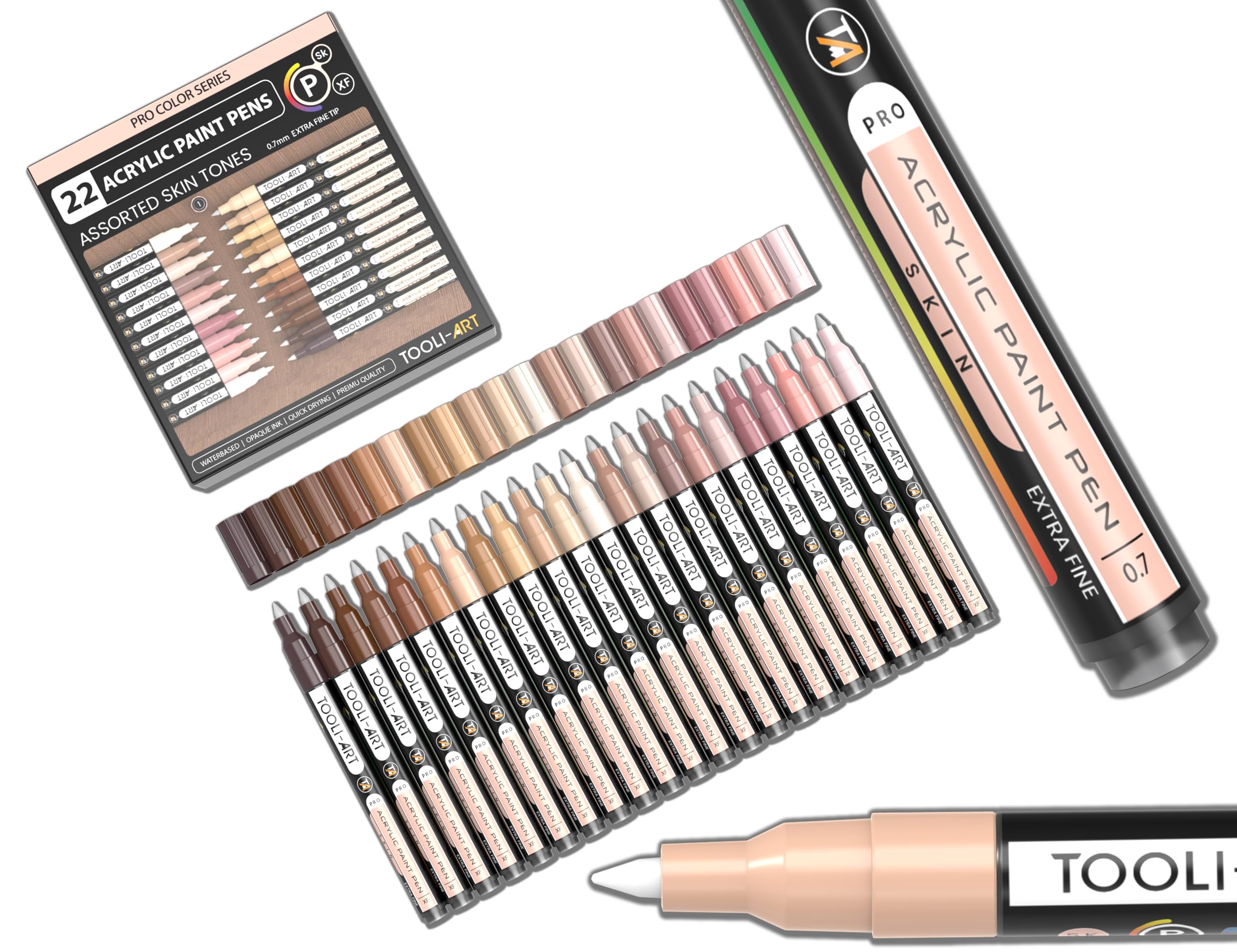 Acrylic Paint Pens 22 Skin Tones Assorted Pro Colour Series Markers Set 0.7mm Extra Fine Tip for Rock Painting, Glass, Mugs, Wood, Metal, Canvas,