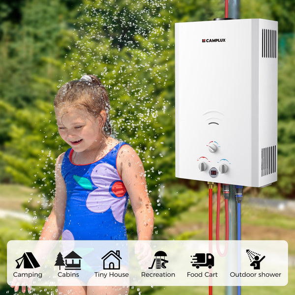 CAMPLUX Gas Water Heater 20 litres, Instant LPG Water Heater for Garden Shower, RV, Tiny House, ECO/Full Mode, BW Series BW528B