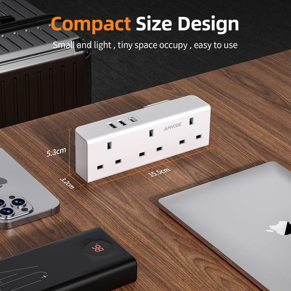 Multi Plug Extension with USB C Slot, 3 Way Plug Wall Charger Socket, Multi Outlets Extender Adapter UK for School, Home, Kitchen, Office (White)
