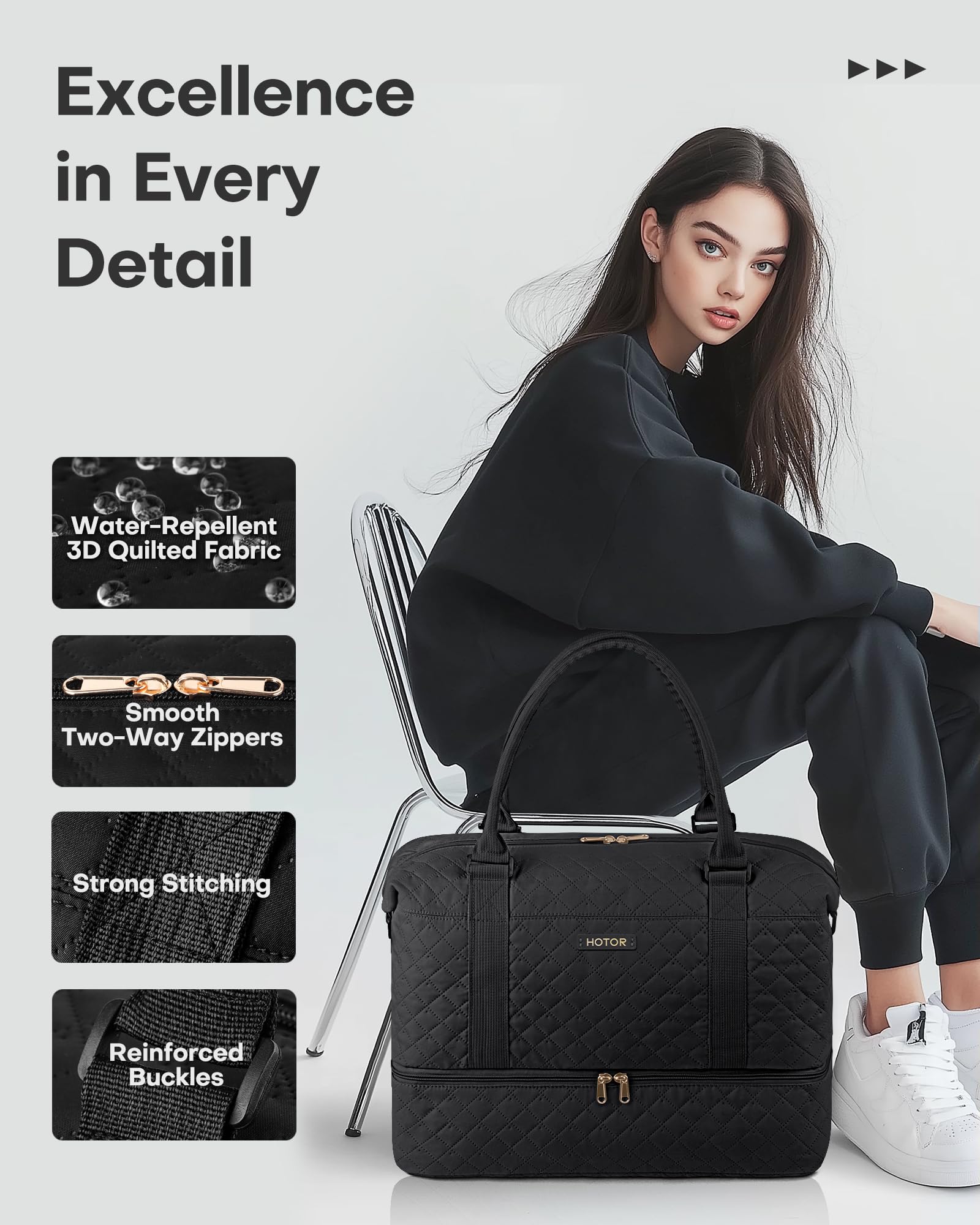 HOTOR Travel Bags for Women - Lightweight Overnight Holdall Bag, Large Carry on Luggage Weekend Bag with Shoe Compartment & Toiletry Bag, Travel Duffel Sport Gym Tote, Black, 34.0 x 45.0 x 20.0 cm