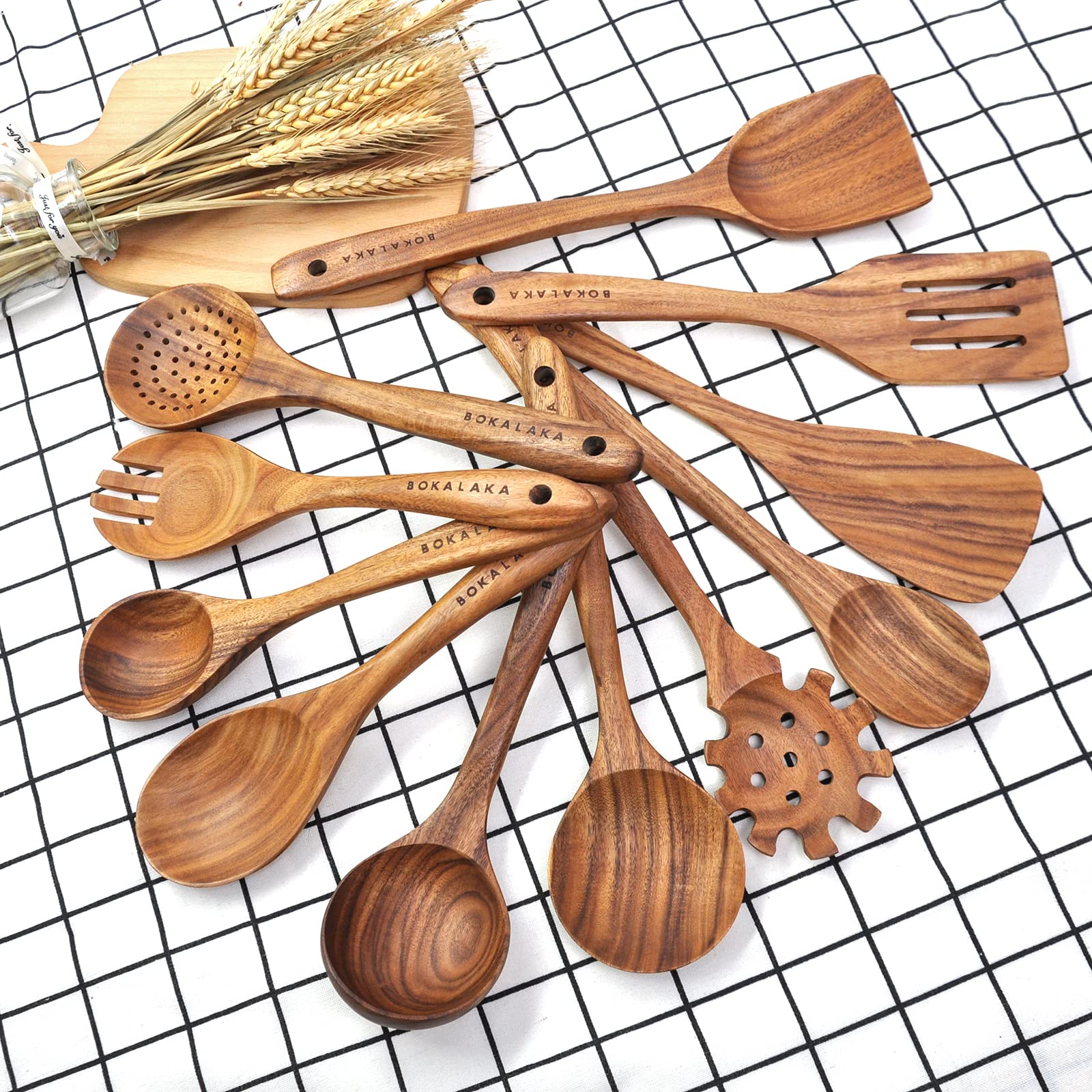 11 Pcs Wooden Kitchen Utensils Set - Wooden Spoons, Spatulas for Cooking