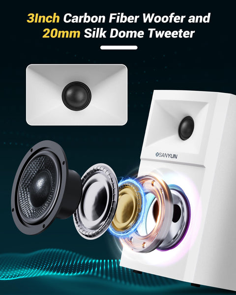 Sanyun SW203 4.0 Computer Speakers - 60W 4-Way DSP Control 3D Immersive Sound - 3" Carbon Fiber Woofer & 20mm Silk Dome Tweeter - 24bit DAC USB/Bluetooth 5.4/AUX - Studio-Grade Audio (Pair, Black)