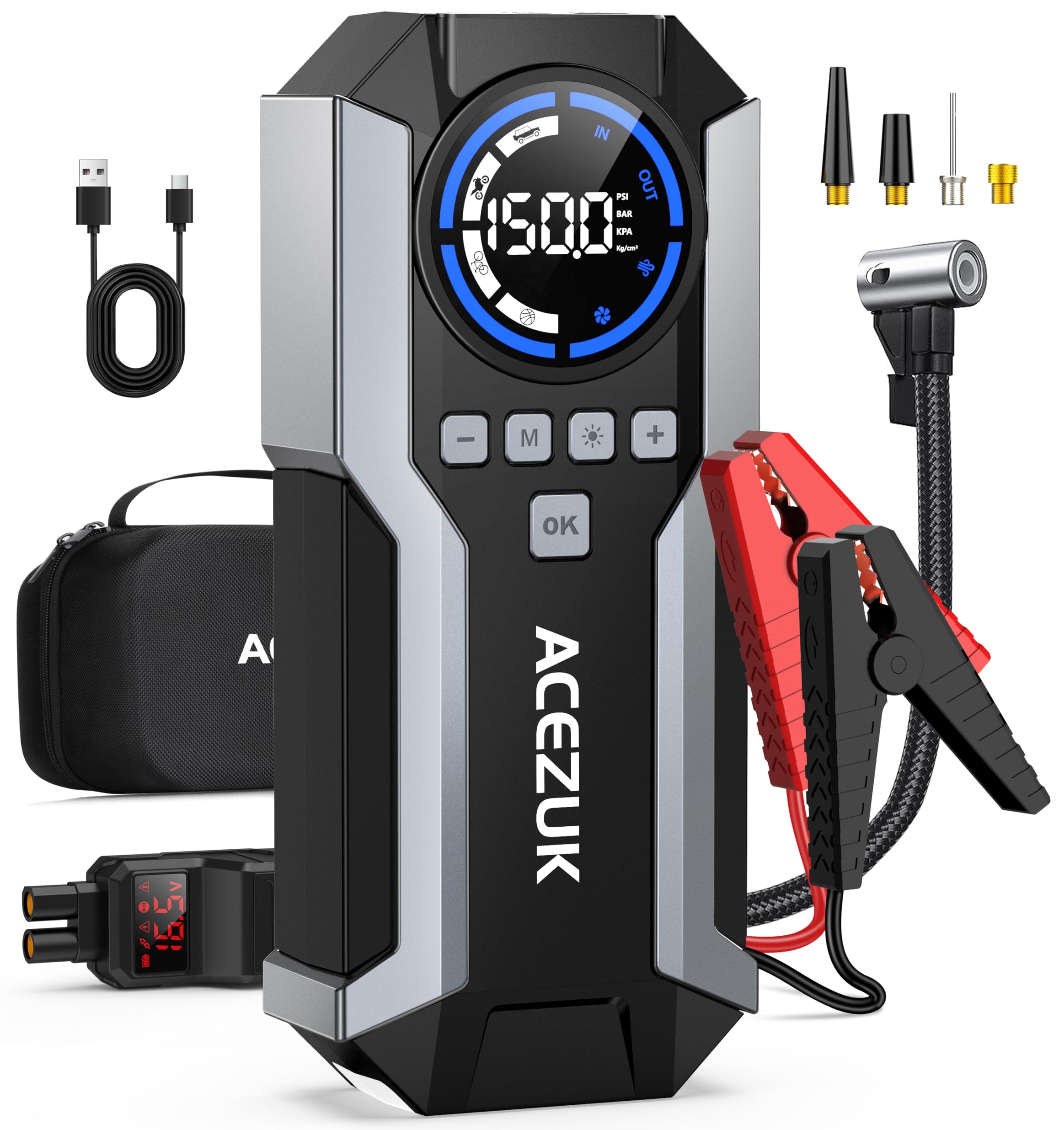 7000A Jump Starter Power Pack with 150PSI Air Compressor,12V Portable Car Battery Booster Jump Starter(All Gas/12.0L Diesel),Car Starter Power Bank, LCD Display and LED Lights