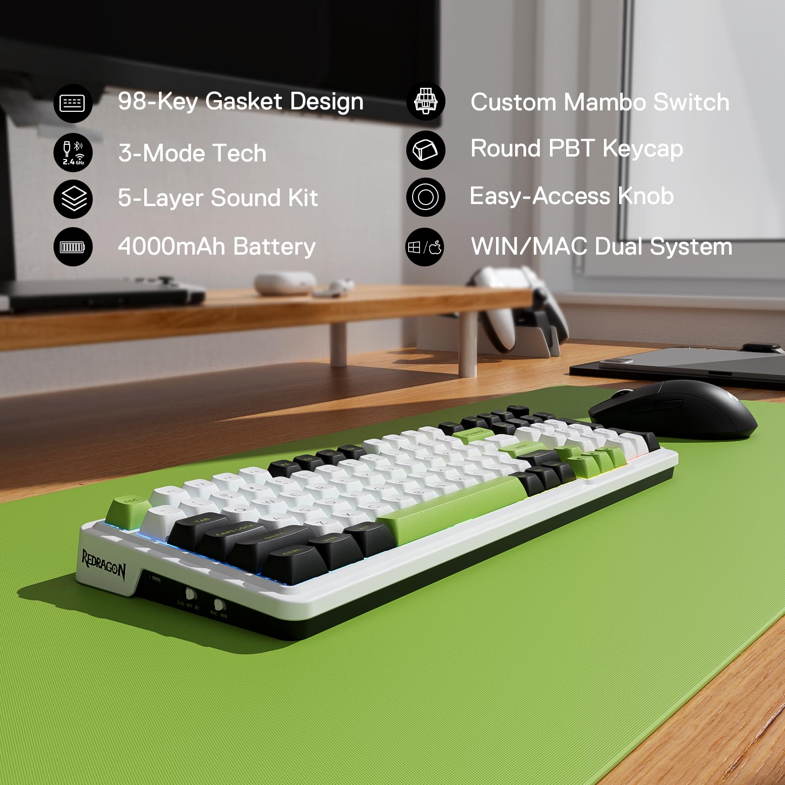 Redragon K686 PRO 98 Keys Wireless Gasket RGB Gaming Keyboard, 3-Modes Anime Mechanical Keyboard w/Hot-Swap Socket, Dedicated Knob Control & Sound Absorbing Pads, Custom Hi-Fi Linear Switch