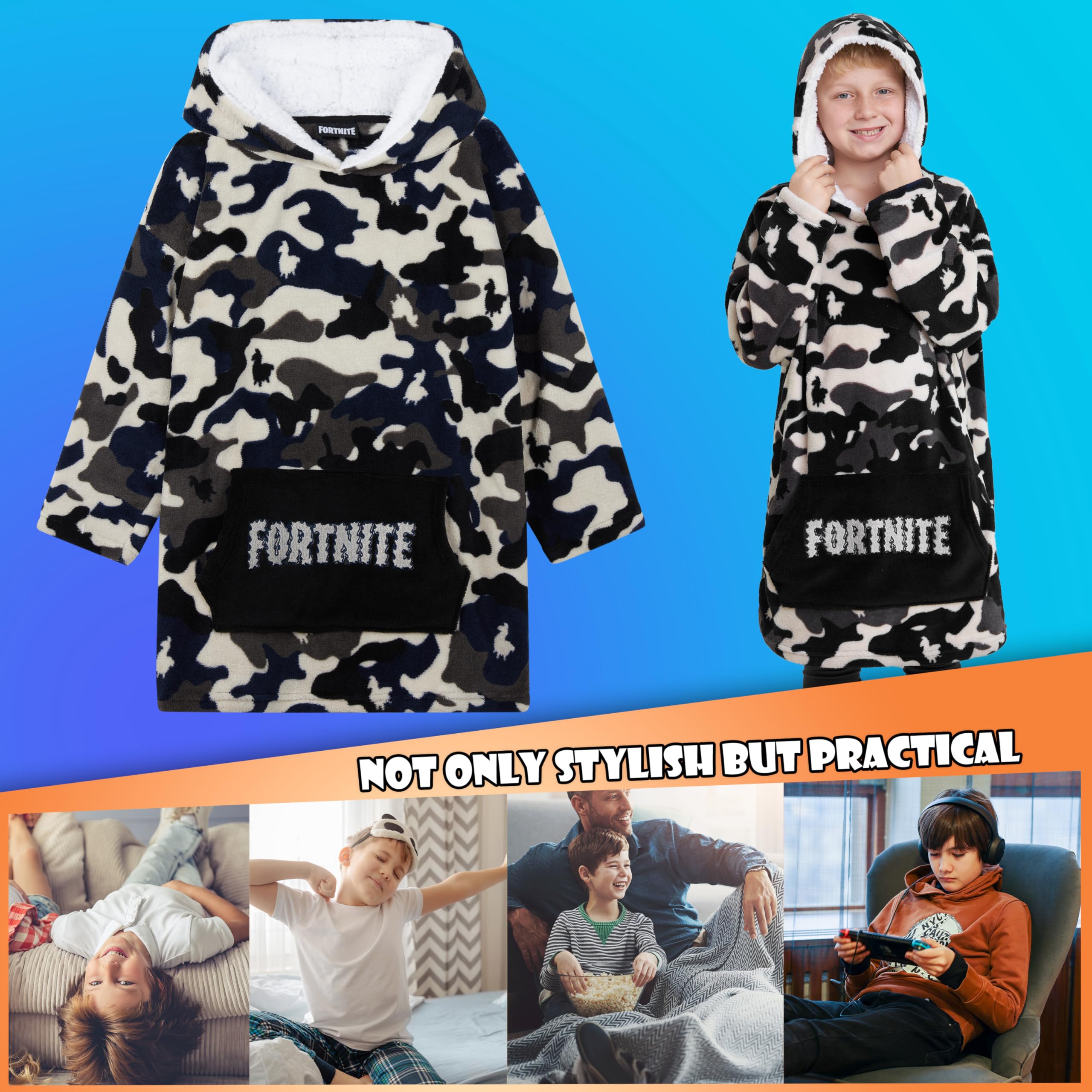 Fortnite Oversized Hoodie Blankets for Boys Fleece Extra Long Warm Wearable Hooded Poncho for Kids and Teens 14+, Gamers Gifts
