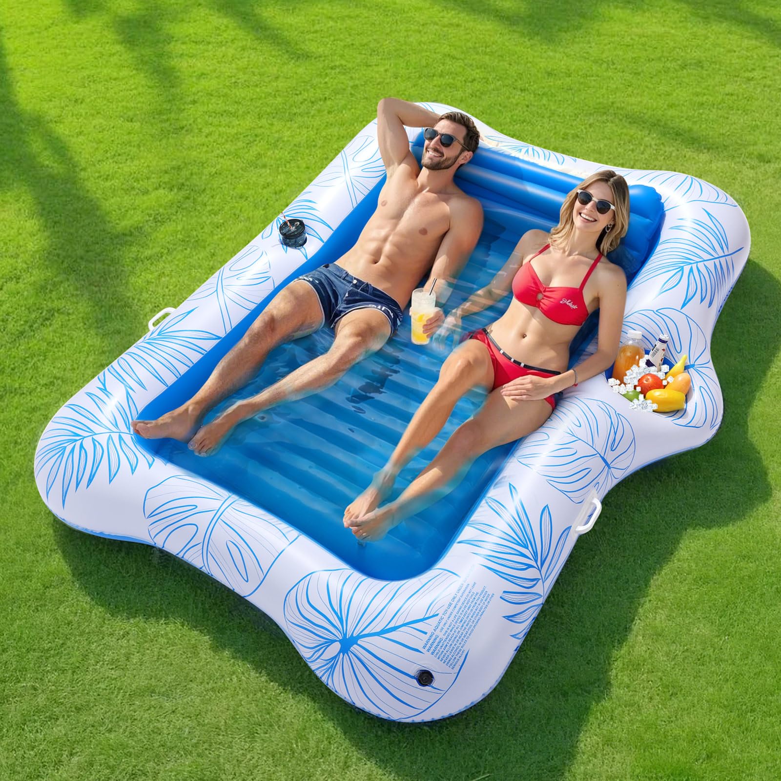 MoKo Pool Floats Adult, Floating Bed with Ice Bar, Tanning Bed Pool Raft Inflatable Lounger with Drink Holder Tanning Chair Inflatable Pool Toys for Party Beach Backyard