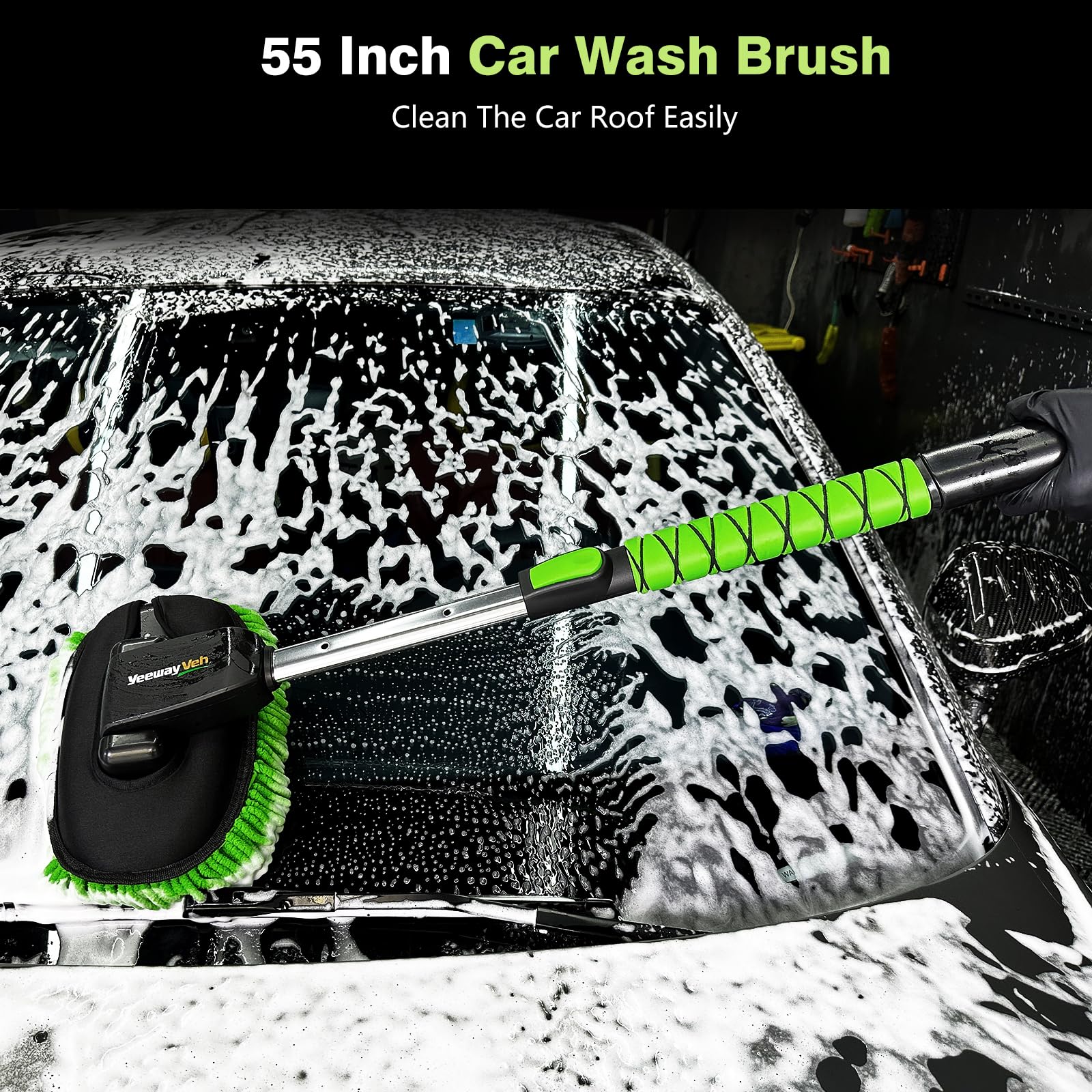 YeewayVeh Car Wash Brush, 43" Extendable Car Wash Brush Mop with Long Handle, 15 Degree Curved Soft Car Cleaning Brush kit with Extra Microfiber Brush Head for Truck SUV Cleaning, Orange