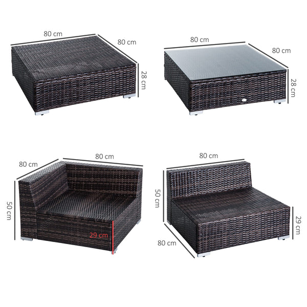 Outsunny 6 Pieces Rattan Garden Furniture Set, 5 Seater Garden Sofa Set with Thickened Cushions, Glass Top Coffee Table and Ottomans, Outdoor Sectional Conservatory Furniture with Pillows, Grey