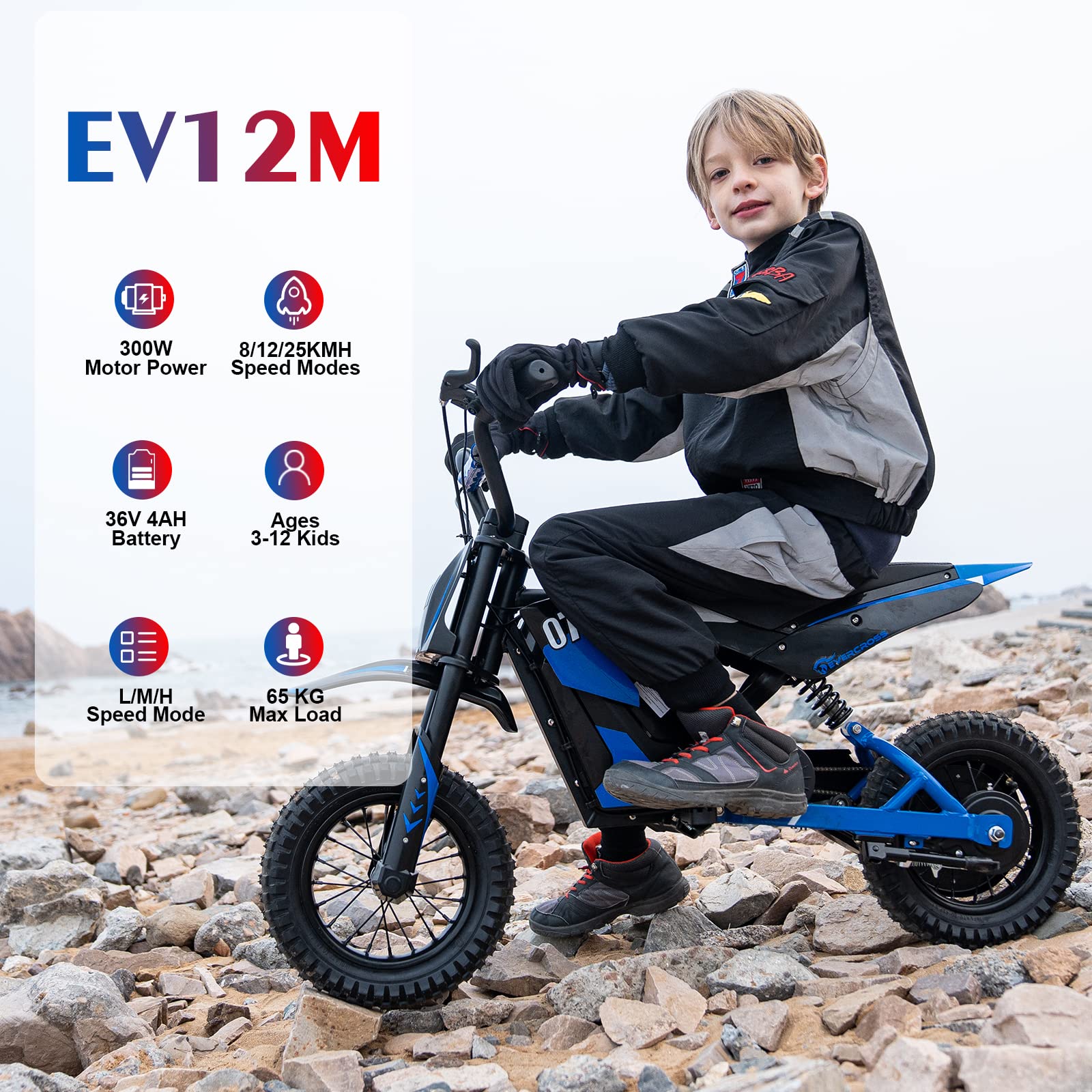 EVERCROSS EV12M PRO Kids Ride On Motorcycle, Electric Motorcycle with 300W Motor, 9.3Miles Long-Range, 12'' Pneumatic Tire, Bluetooth Music, Colorful Lights, Motor Cross for Ages 3-12 Children