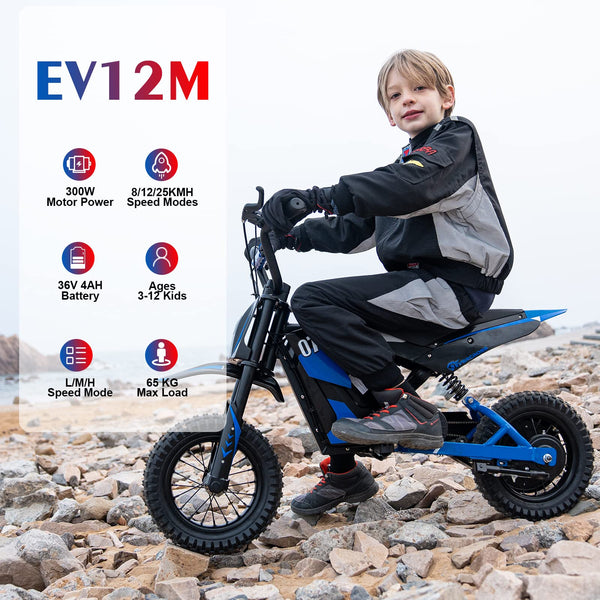 EVERCROSS EV12M PRO Kids Ride On Motorcycle, Electric Motorcycle with 300W Motor, 9.3Miles Long-Range, 12'' Pneumatic Tire, Bluetooth Music, Colorful Lights, Motor Cross for Ages 3-12 Children