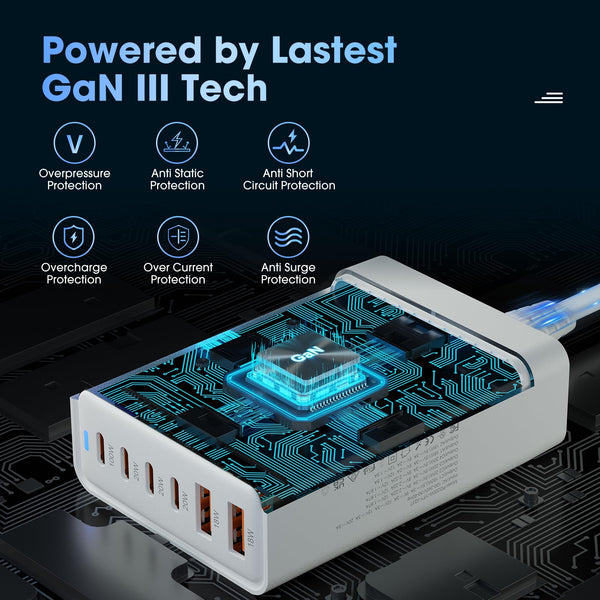 200W 6-Port USB Charging Station, PD 100W 65W 45W 20W 18W USB C GaN III Charger Laptop & Phone Fast Charger Plug, Compatible with MacBook Pro/Air,Dell XPS, iPhone 15/16/14/ Pro, iPads, Steam Deck
