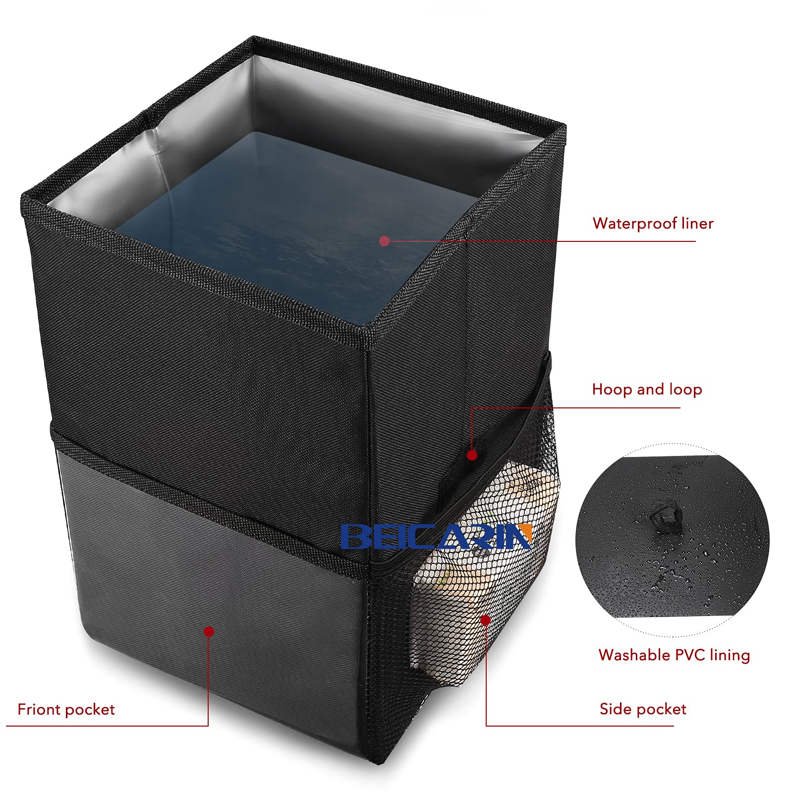 Car Trash Bin with Lid - Trash Bag Hanging with Storage Pockets Leak-Proof Car Organizer Collapsible and Portable Waterproof Garbage Bin, 10L Large Capacity Multipurpose Bin