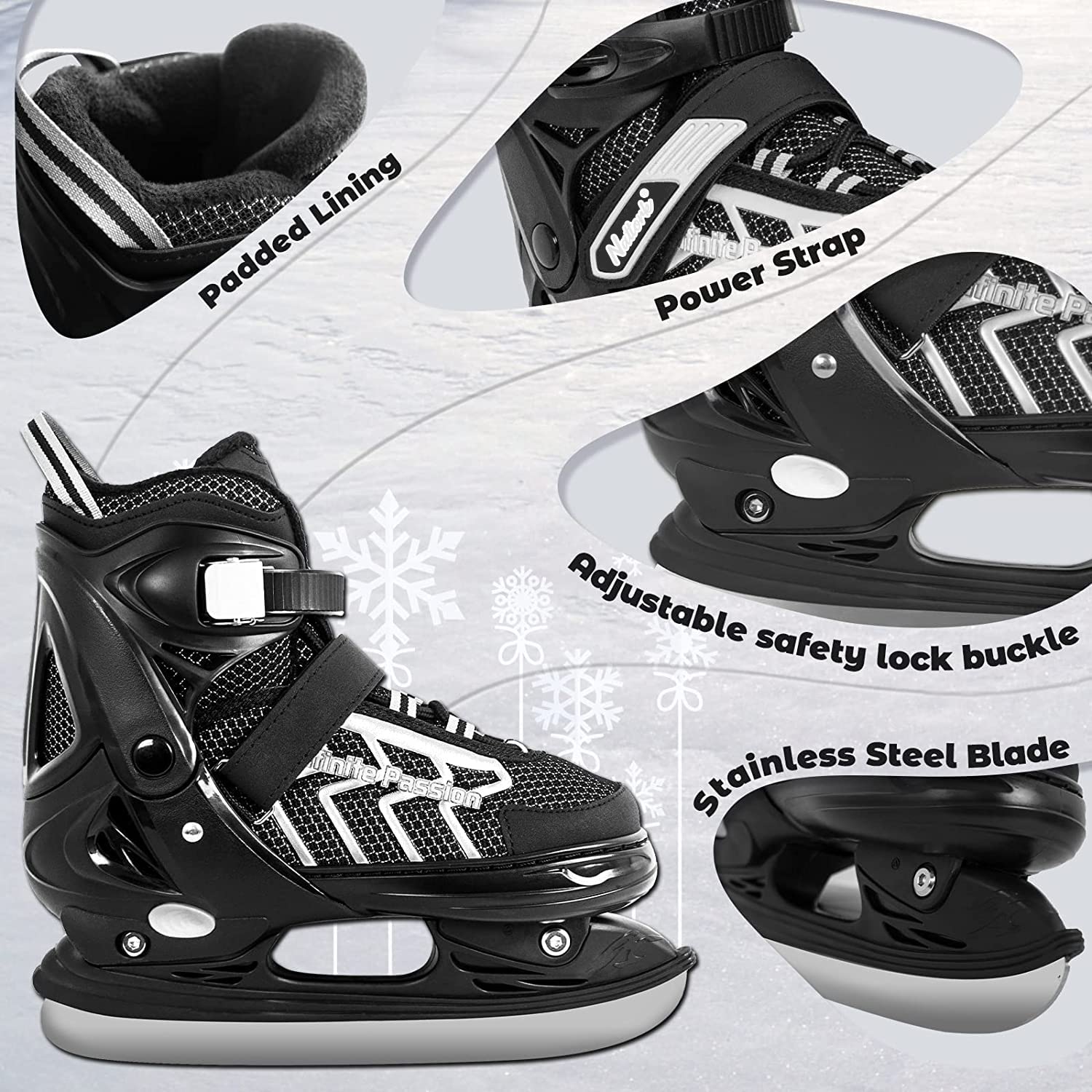Nattork Adjustable Kids Ice Skate for Boys Girls Adult, Soft Padding and Reinforced Ankle Support Ice Hockey Skates