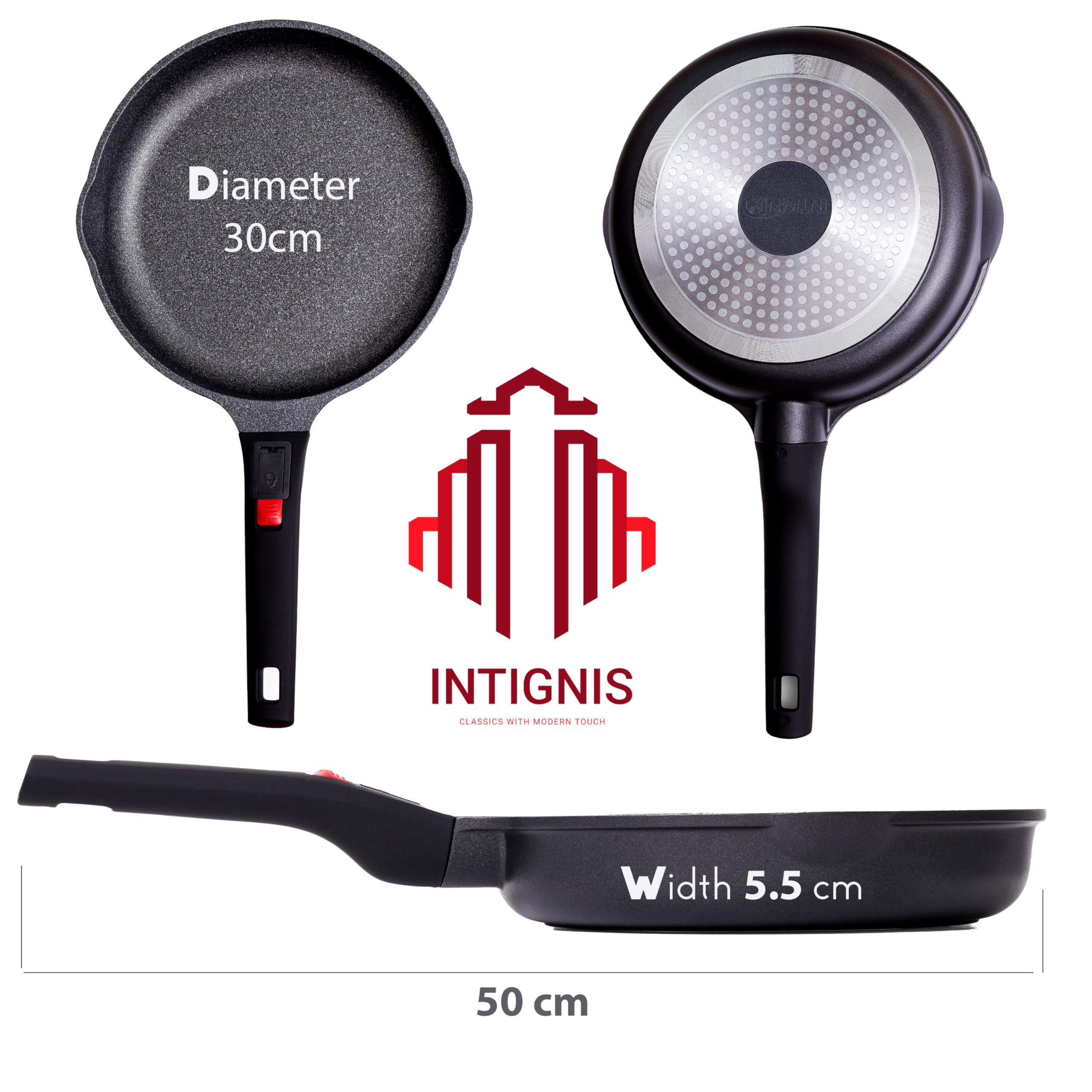 INTIGNIS Frying Pans 30 cm | Heavy Duty | Scratch Resistant | Detachable Handles | Induction, Gas, Electric Hobs Safe | Chemical Free Super Non-Stick