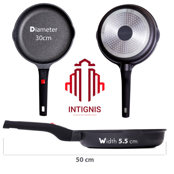 INTIGNIS Frying Pans 30 cm | Heavy Duty | Scratch Resistant | Detachable Handles | Induction, Gas, Electric Hobs Safe | Chemical Free Super Non-Stick
