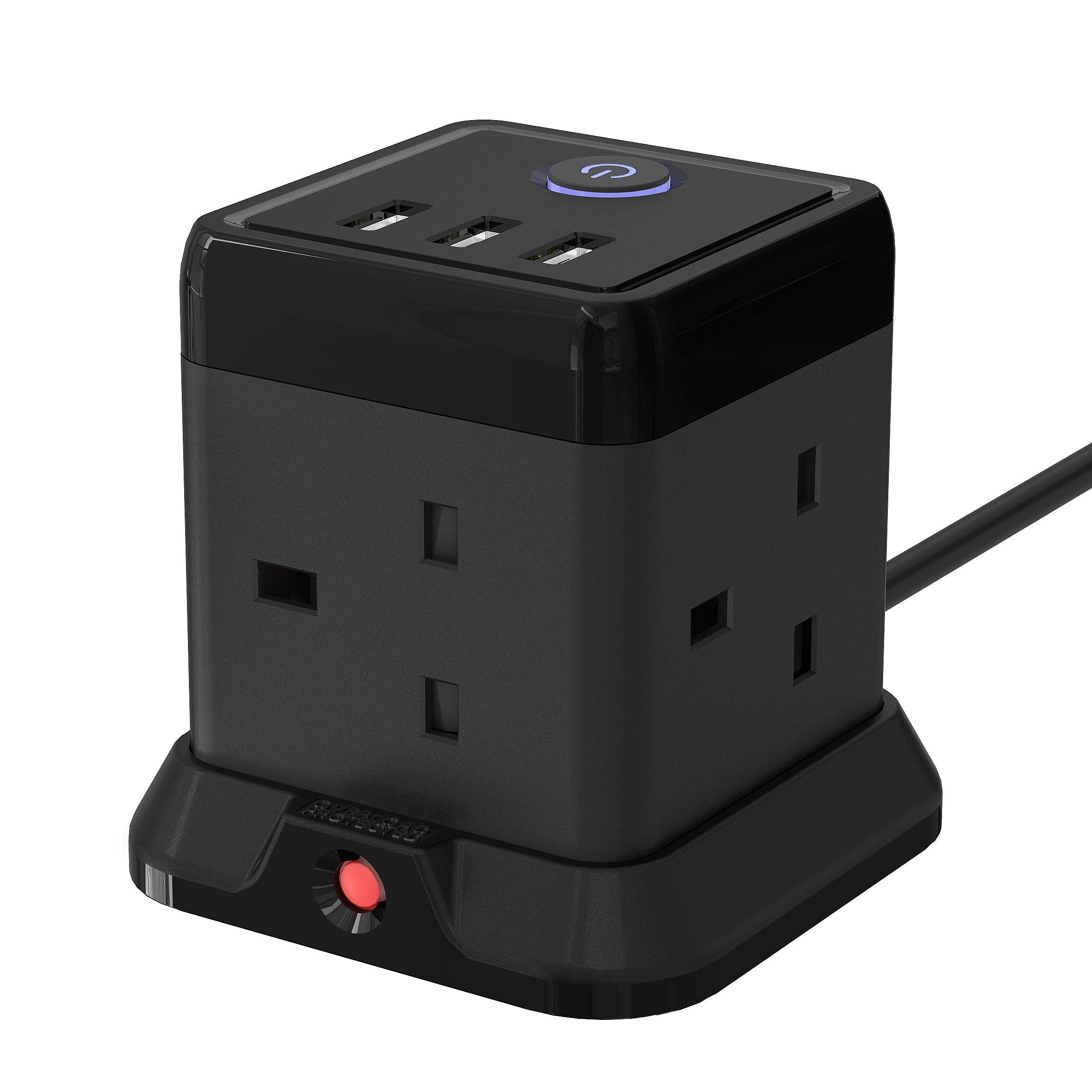 Hulker 3M Cube Extension Lead with 3 Slots 4 Gang Plug Socket with Switch 4 Way Power Strip with 3 USB Port 3 Metre Extension Cable Black 13A 3250W for Home Dorm Office