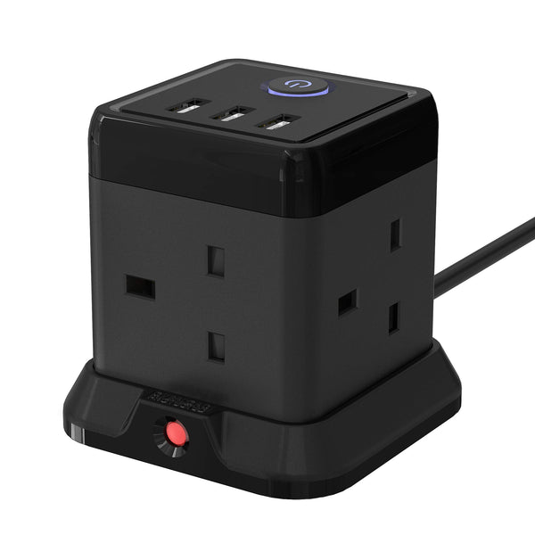 Hulker 3M Cube Extension Lead with 3 Slots 4 Gang Plug Socket with Switch 4 Way Power Strip with 3 USB Port 3 Metre Extension Cable Black 13A 3250W for Home Dorm Office