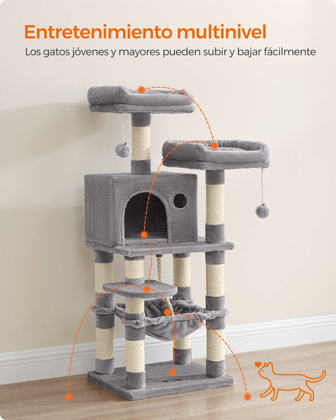 Feandrea Cat Tree, 112 cm Cat Tower for Indoor Cats, Multi-Level Plush Cat Condo with 11 Scratching Posts, Perches, Cave, Hammock, Pompoms, Light Grey