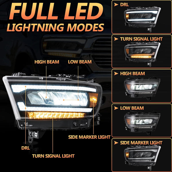 VLAND Motor LED Headlights compatible with 2019-2024 Ram 1500 Tradesman/Lone Star/Big Horn/Laramie/Rebel [Not fit classic, TRX, factory LED projector], w/Amber sequential indicator - Amber