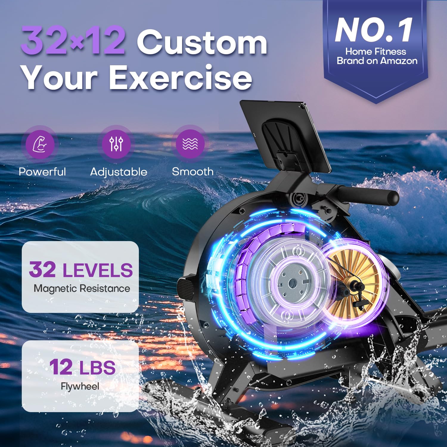 Rowing Machine, MOSUNY Ultra-Quiet Magnetic Rowing Machines for Home Gym with 16/32 Level Resistance & App Support, Upgrade Smooth Double Glide System, 350LBS Capacity Foldable Rower with LCD Monitor