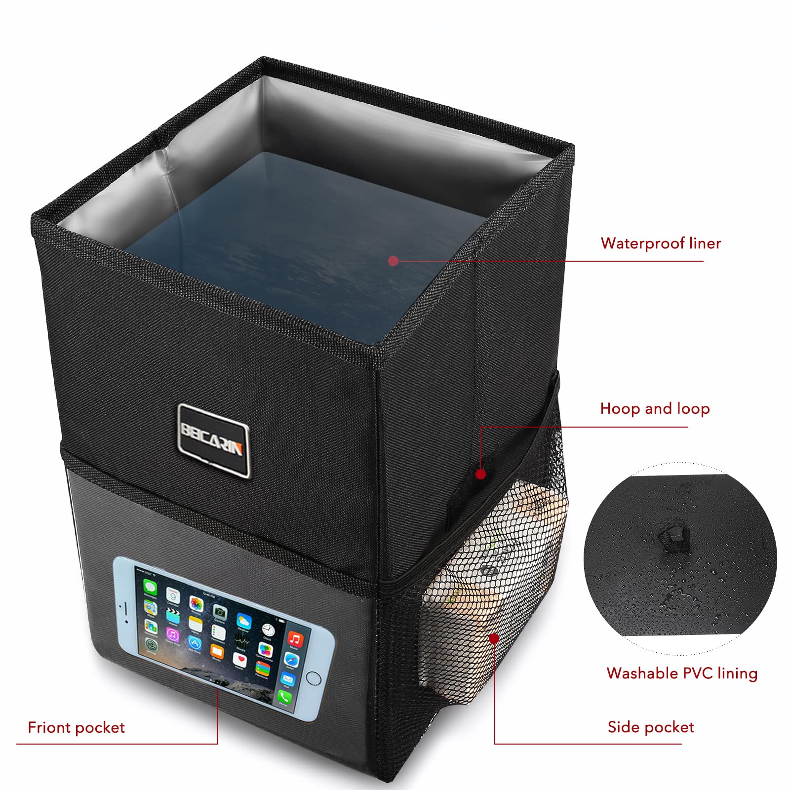 Car Trash Bin with Lid - Trash Bag Hanging with Storage Pockets Leak-Proof Car Organizer Collapsible and Portable Waterproof Garbage Bin, 10L Large Capacity Multipurpose Bin