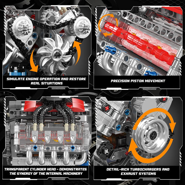 Mould King 10171 Technik V8 Engine Model Building Kit - 487 PCS to Build Your Own Mini Engine That Works - DIY STEM Project for Kids/Teens, MOC Hobby Building Blocks Kit for Adults