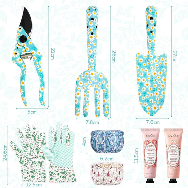 Garden Tools Gardening Gifts for Women, Trowel, Fork, Scissor, Candles and Hand Cream, Gardening Gifts for Women, Ladies Hamper with Daisy Print, Birthday Gifts for Women
