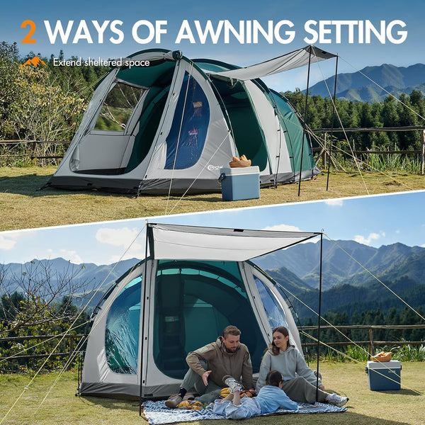 Portal Luxury 5 Man Tent 3000mm Waterproof Large Family Tent with Living Area 4-5 Persons Camping Tall Standing up Height with Fully Sewn-in Groundsheet Extendable Awning Canopy Tunnel 4 Season