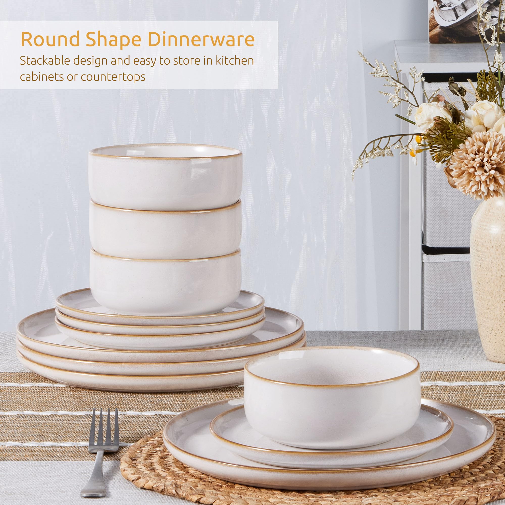 Homikit 12 Piece Dinner Set, Reactive Glaze Kitchen Dinnerware Sets for 4, Elegant Stoneware Included Plates and Bowls, Non-Scratch & Sturdy,