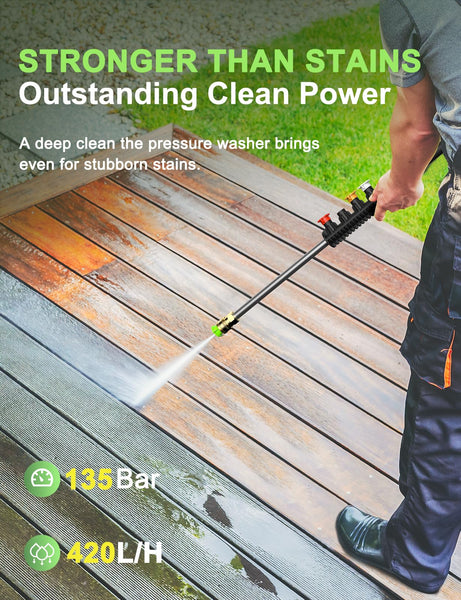 Pressure Washers, Power Jet Washers with 4 Nozzles, 135Bar Pressure, 420L/H Flow Rate, 8M High-Pressure Hose, 11M Power Cable, Power Washers for Patio and Car, Garden, Fences, Yard, Driveways